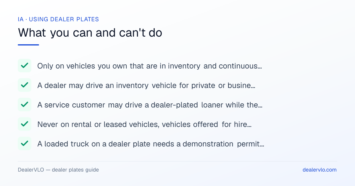 Rules for using Iowa dealer plates: Only on vehicles you own that are in inventory and continuously offered for sale at retail; A dealer may drive an inventory vehicle for private or business purposes, including hauling a load or towing a trailer (that plate is the $750 one).