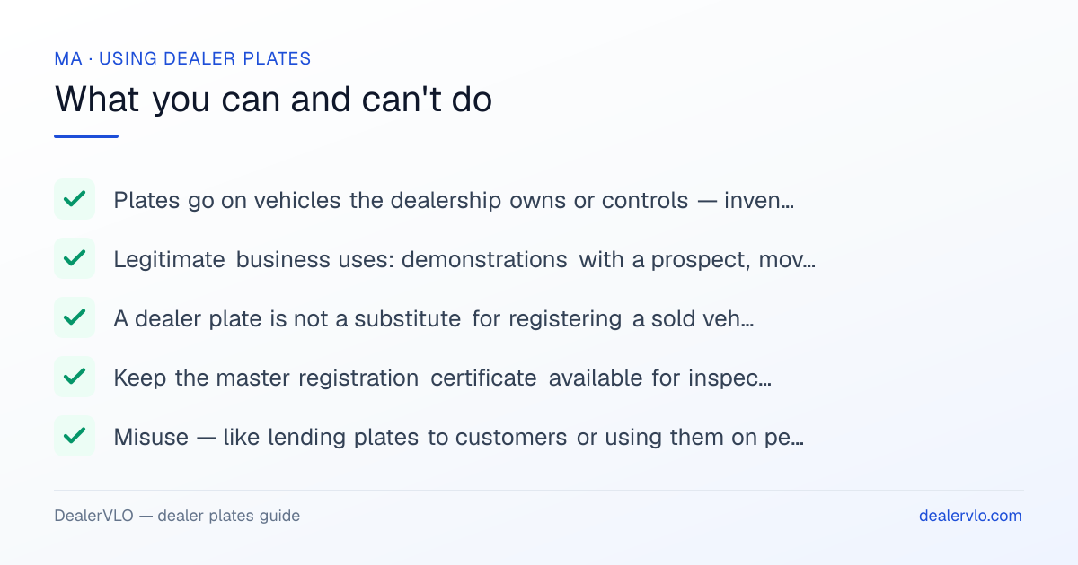 Rules for using Massachusetts dealer plates: Plates go on vehicles the dealership owns or controls — inventory, not employees' personal cars; Legitimate business uses: demonstrations with a prospect, moving inventory between lots, auction trips, and road-testing.