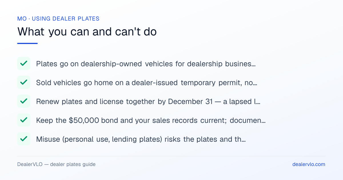 Rules for using Missouri dealer plates: Plates go on dealership-owned vehicles for dealership business — demos, transport, auction runs; Sold vehicles go home on a dealer-issued temporary permit, not your D plate.