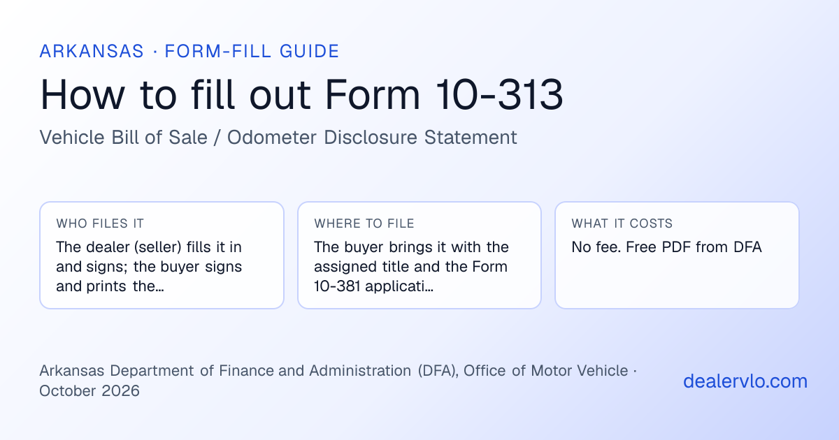 How to fill out the Arkansas Form 10-313 (Vehicle Bill of Sale / Odometer Disclosure Statement) for used car dealers: who files it, where to file it, and the cost — a field-by-field guide