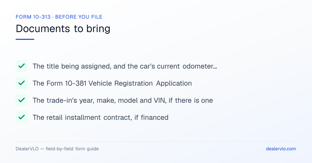 Documents to bring when filing the Arkansas Form 10-313: The title being assigned, and the car's current odometer reading, The Form 10-381 Vehicle Registration Application, The trade-in's year, make, model and VIN, if there is one.