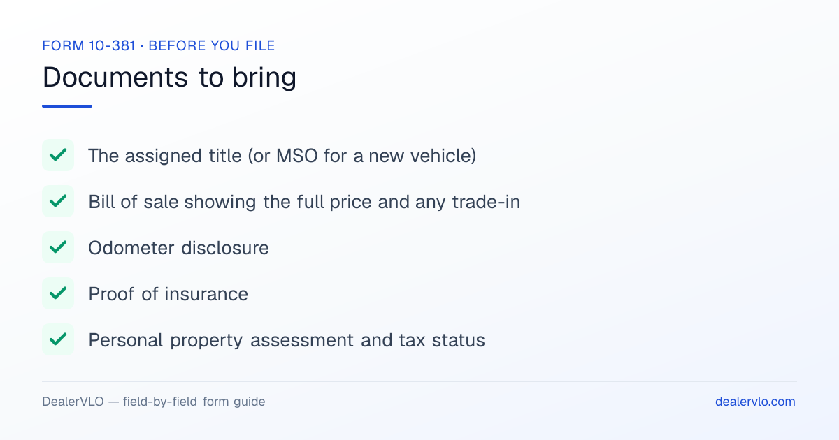 Documents to bring when filing the Arkansas Form 10-381: The assigned title (or MSO for a new vehicle), Bill of sale showing the full price and any trade-in, Odometer disclosure.