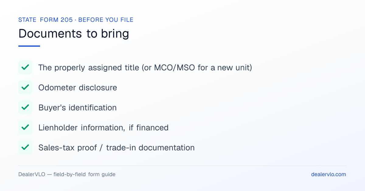 Documents to bring when filing the Indiana State Form 205: The properly assigned title (or MCO/MSO for a new unit), Odometer disclosure, Buyer's identification.