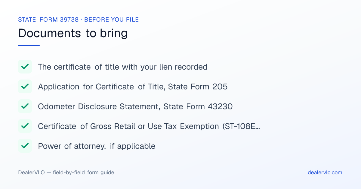Documents to bring when filing the Indiana State Form 39738: The certificate of title with your lien recorded, Application for Certificate of Title, State Form 205, Odometer Disclosure Statement, State Form 43230.
