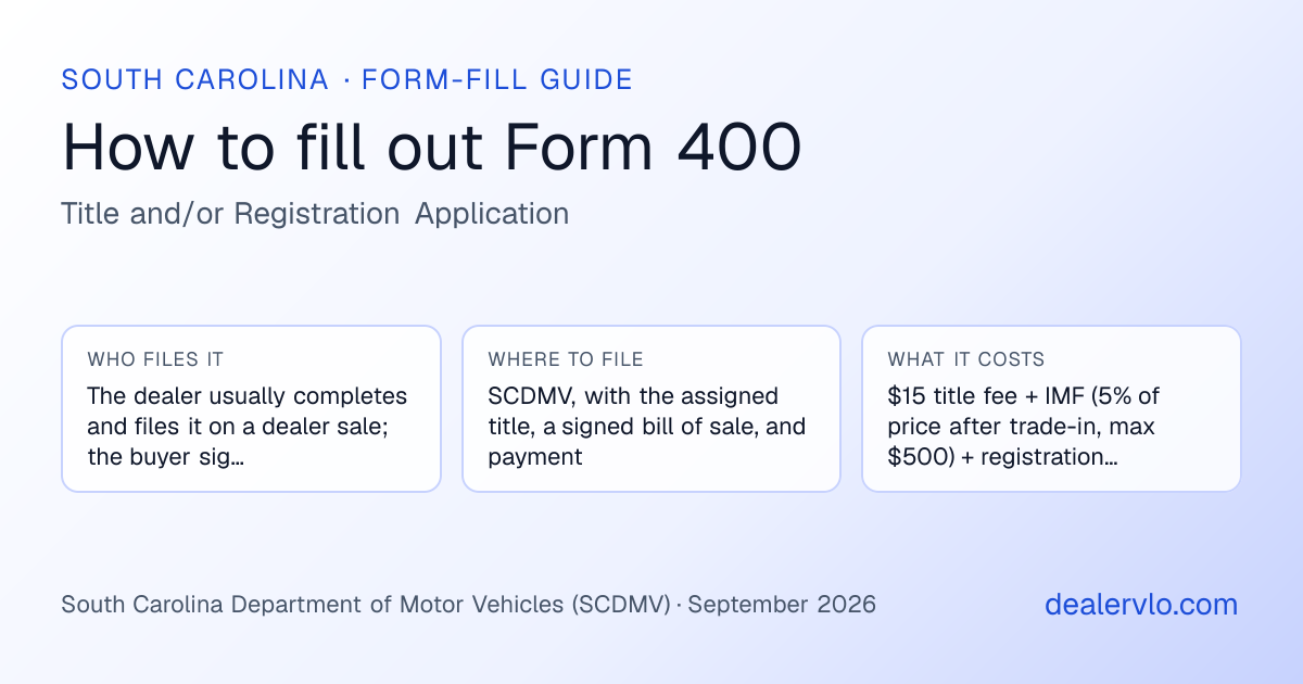 How to fill out the South Carolina Form 400 (Title and/or Registration Application) for used car dealers: who files it, where to file it, and the cost — a field-by-field guide