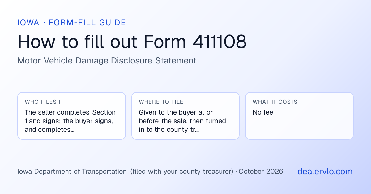How to fill out the Iowa Form 411108 (Motor Vehicle Damage Disclosure Statement) for used car dealers: who files it, where to file it, and the cost — a field-by-field guide