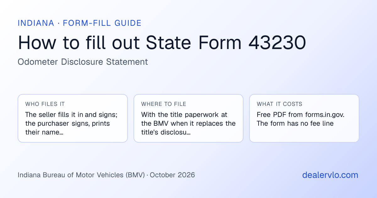 How to fill out the Indiana State Form 43230 (Odometer Disclosure Statement) for used car dealers: who files it, where to file it, and the cost — a field-by-field guide