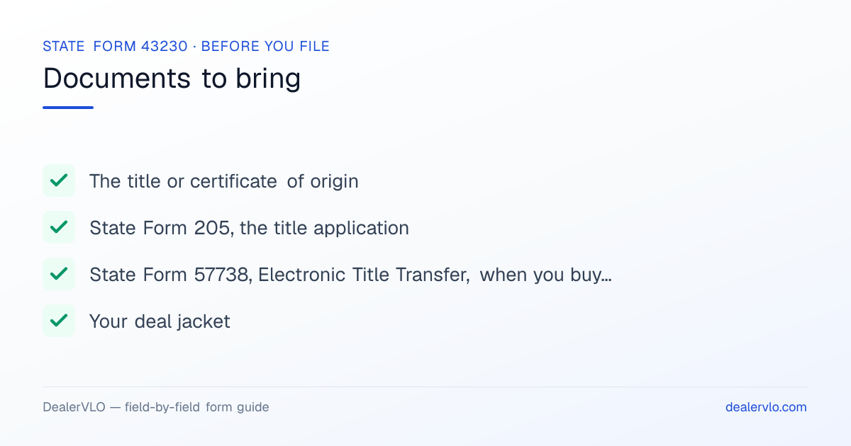 Documents to bring when filing the Indiana State Form 43230: The title or certificate of origin, State Form 205, the title application, State Form 57738, Electronic Title Transfer, when you buy a car on an electronic title.