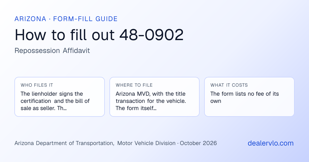 How to fill out the Arizona 48-0902 (Repossession Affidavit) for used car dealers: who files it, where to file it, and the cost — a field-by-field guide