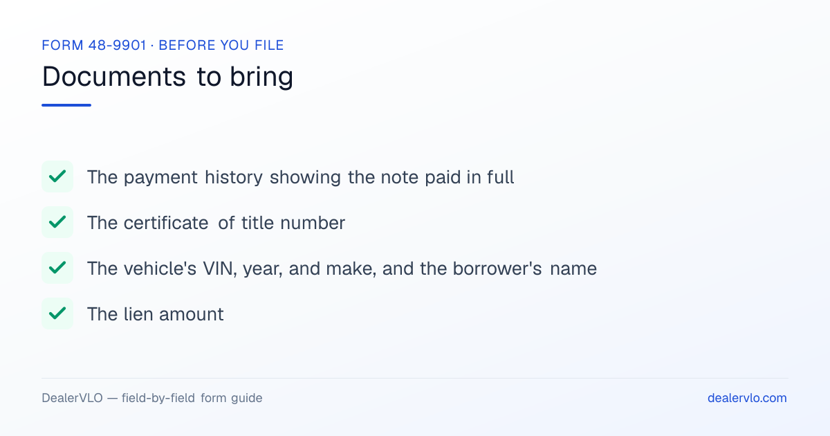 Documents to bring when filing the Arizona Form 48-9901: The payment history showing the note paid in full, The certificate of title number, The vehicle's VIN, year, and make, and the borrower's name.