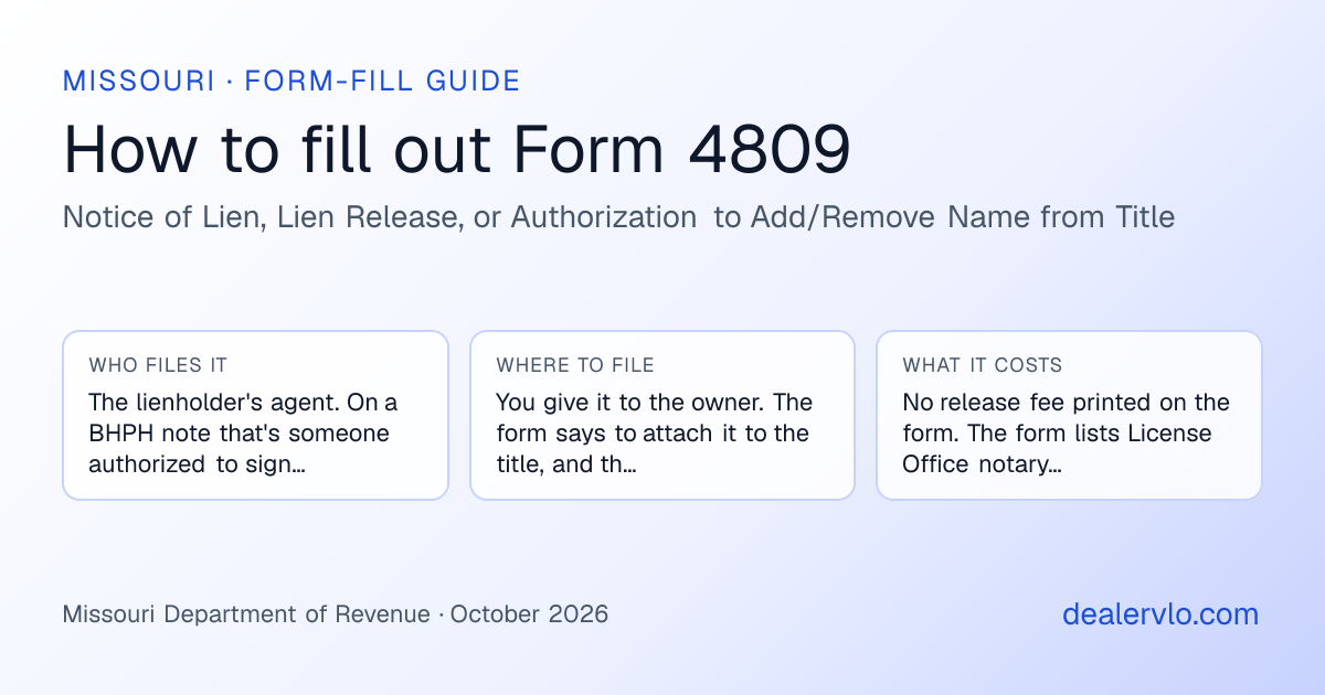 How to fill out the Missouri Form 4809 (Notice of Lien, Lien Release, or Authorization to Add/Remove Name from Title) for used car dealers: who files it, where to file it, and the cost — a field-by-field guide