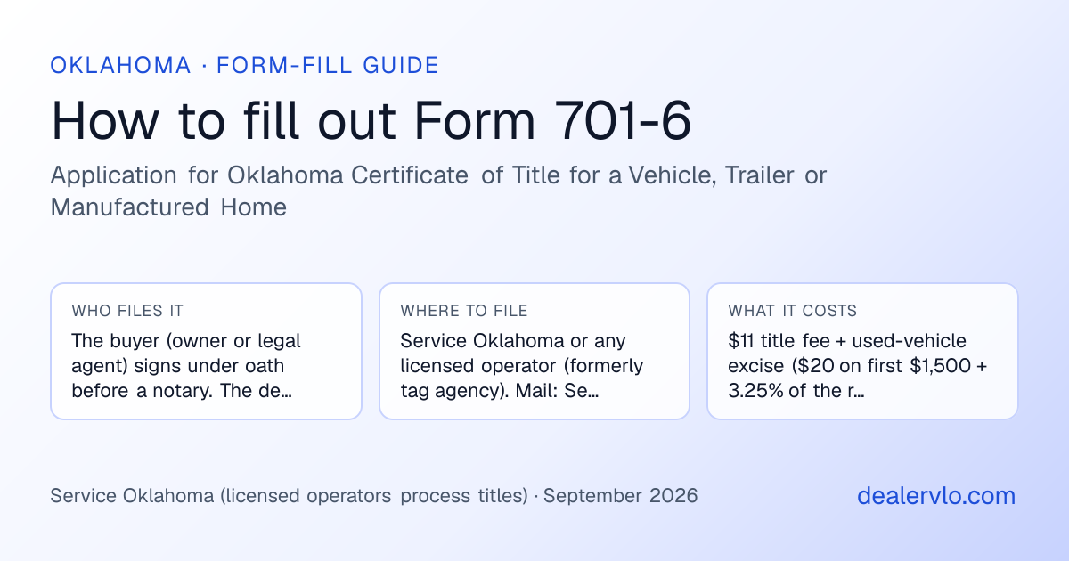 How to fill out the Oklahoma Form 701-6 (Application for Oklahoma Certificate of Title for a Vehicle, Trailer or Manufactured Home) for used car dealers: who files it, where to file it, and the cost — a field-by-field guide