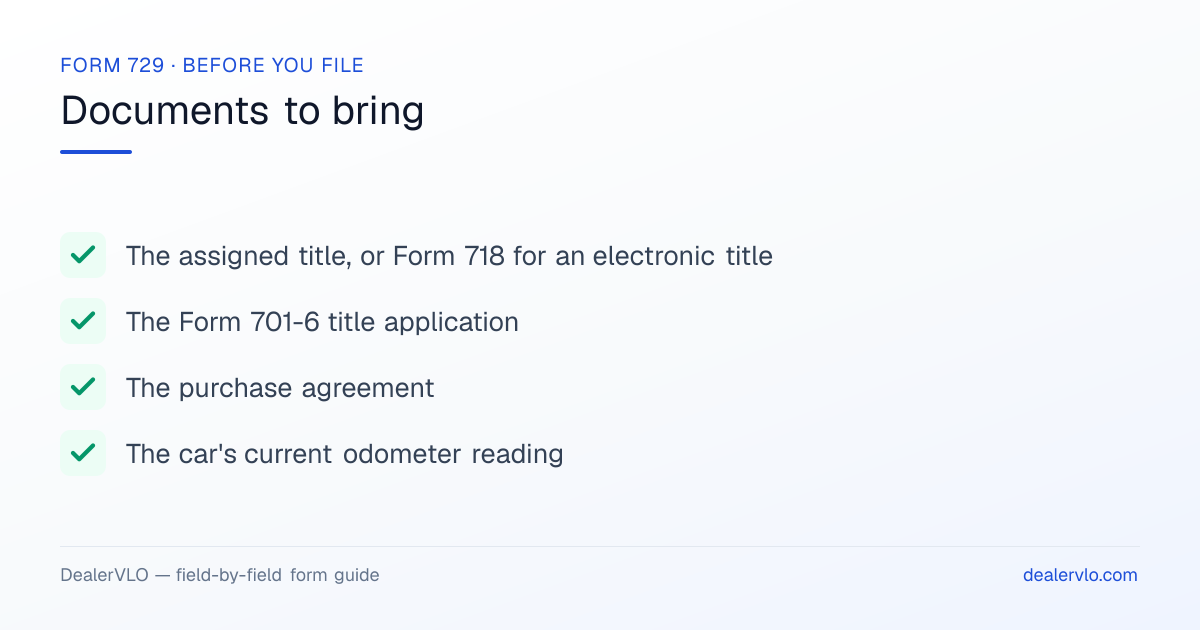 Documents to bring when filing the Oklahoma Form 729: The assigned title, or Form 718 for an electronic title, The Form 701-6 title application, The purchase agreement.