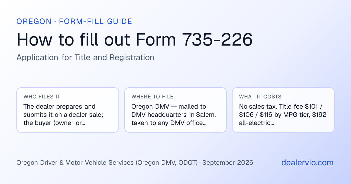 How to fill out the Oregon Form 735-226 (Application for Title and Registration) for used car dealers: who files it, where to file it, and the cost — a field-by-field guide