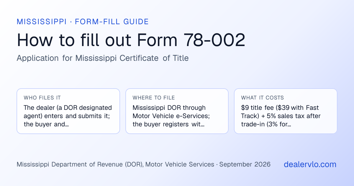How to fill out the Mississippi Form 78-002 (Application for Mississippi Certificate of Title) for used car dealers: who files it, where to file it, and the cost — a field-by-field guide