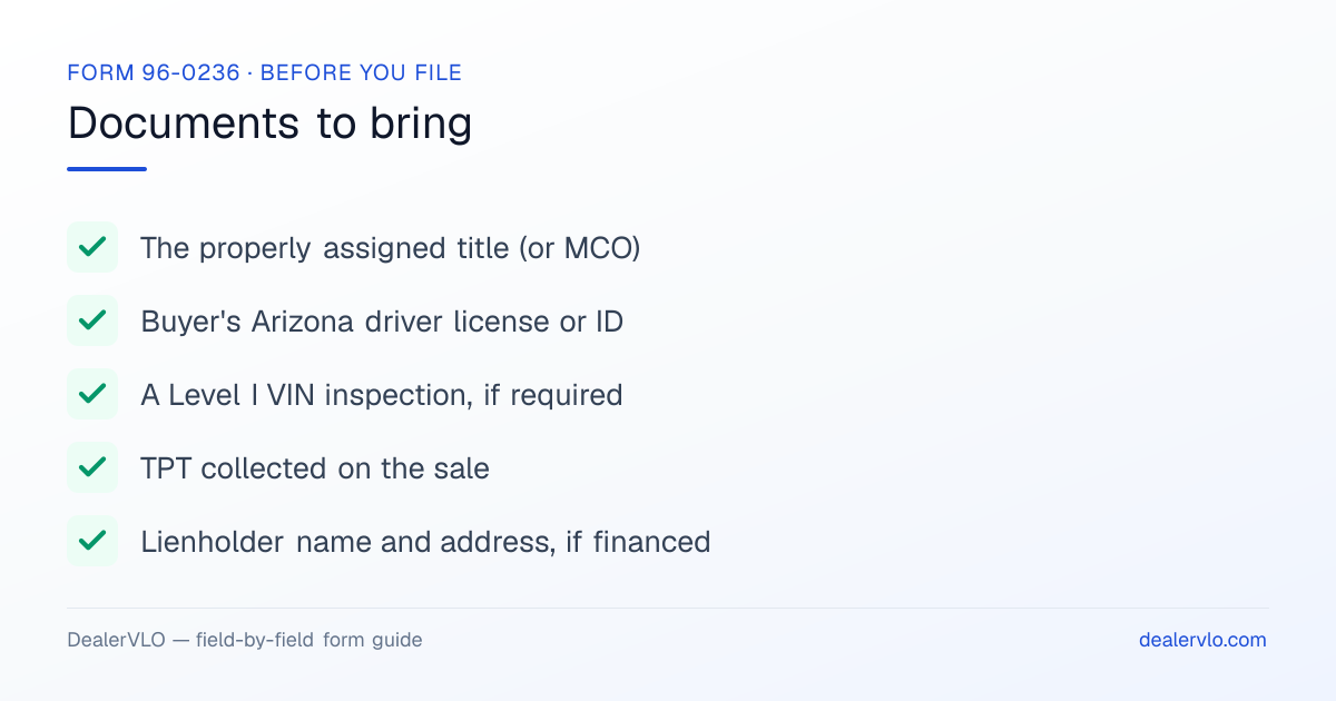 Documents to bring when filing the Arizona Form 96-0236: The properly assigned title (or MCO), Buyer's Arizona driver license or ID, A Level I VIN inspection, if required.