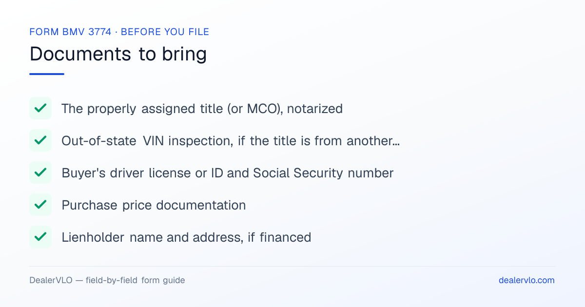 Documents to bring when filing the Ohio Form BMV 3774: The properly assigned title (or MCO), notarized, Out-of-state VIN inspection, if the title is from another state, Buyer's driver license or ID and Social Security number.