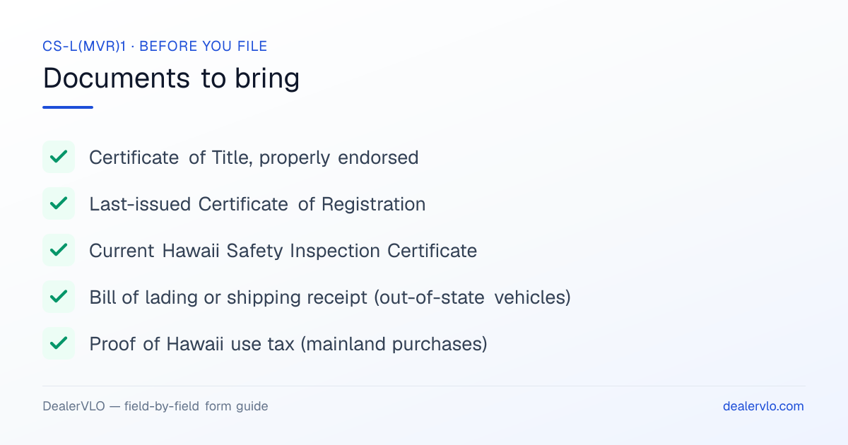 Documents to bring when filing the Hawaii CS-L(MVR)1: Certificate of Title, properly endorsed, Last-issued Certificate of Registration, Current Hawaii Safety Inspection Certificate.