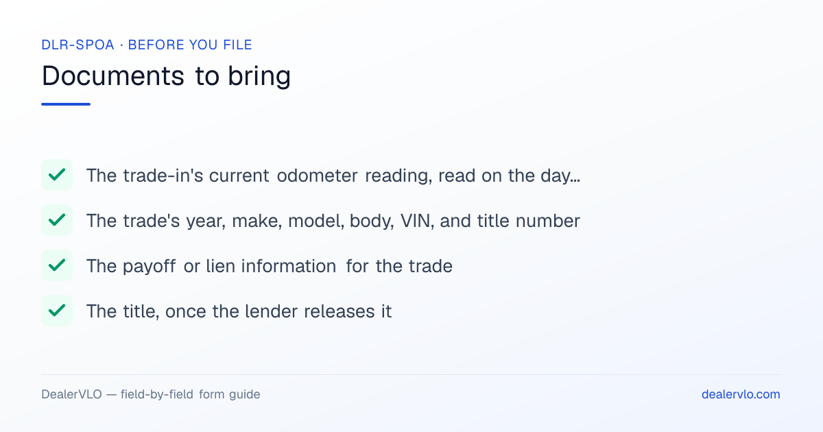 Documents to bring when filing the New Jersey DLR-SPOA: The trade-in's current odometer reading, read on the day of the deal, The trade's year, make, model, body, VIN, and title number, The payoff or lien information for the trade.