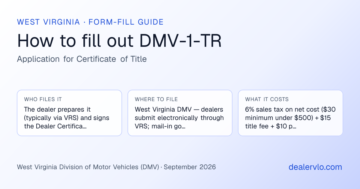 How to fill out the West Virginia DMV-1-TR (Application for Certificate of Title) for used car dealers: who files it, where to file it, and the cost — a field-by-field guide