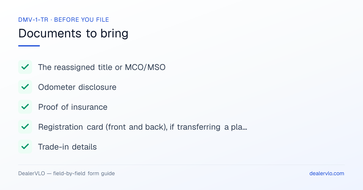 Documents to bring when filing the West Virginia DMV-1-TR: The reassigned title or MCO/MSO, Odometer disclosure, Proof of insurance.