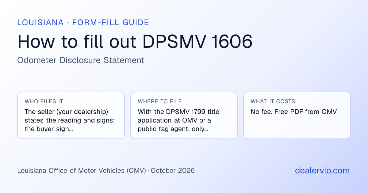 How to fill out the Louisiana DPSMV 1606 (Odometer Disclosure Statement) for used car dealers: who files it, where to file it, and the cost — a field-by-field guide