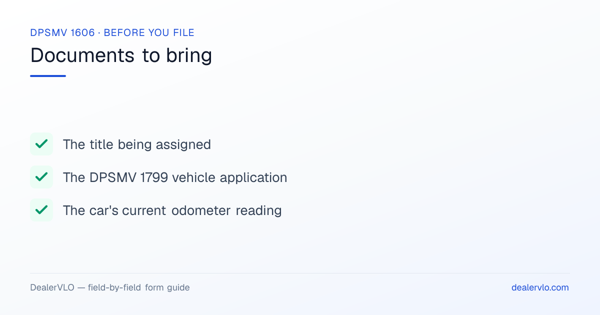 Documents to bring when filing the Louisiana DPSMV 1606: The title being assigned, The DPSMV 1799 vehicle application, The car's current odometer reading.