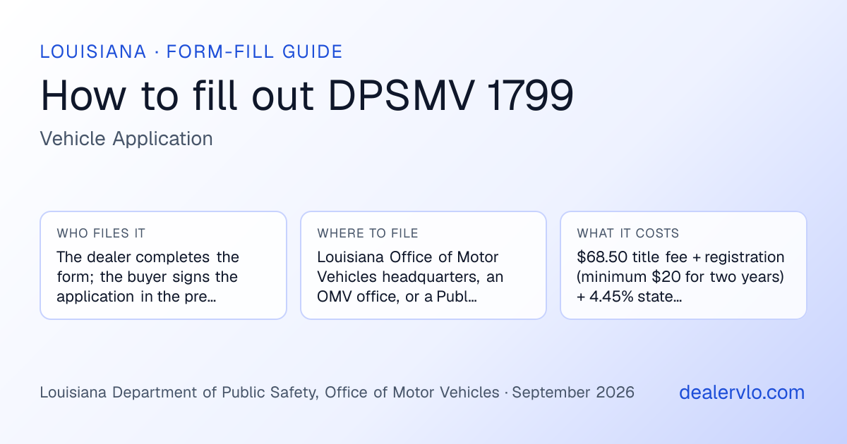 How to fill out the Louisiana DPSMV 1799 (Vehicle Application) for used car dealers: who files it, where to file it, and the cost — a field-by-field guide