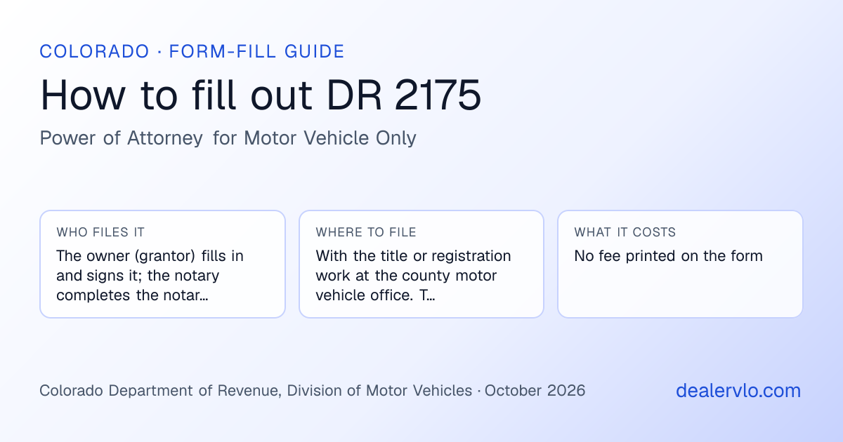 How to fill out the Colorado DR 2175 (Power of Attorney for Motor Vehicle Only) for used car dealers: who files it, where to file it, and the cost — a field-by-field guide