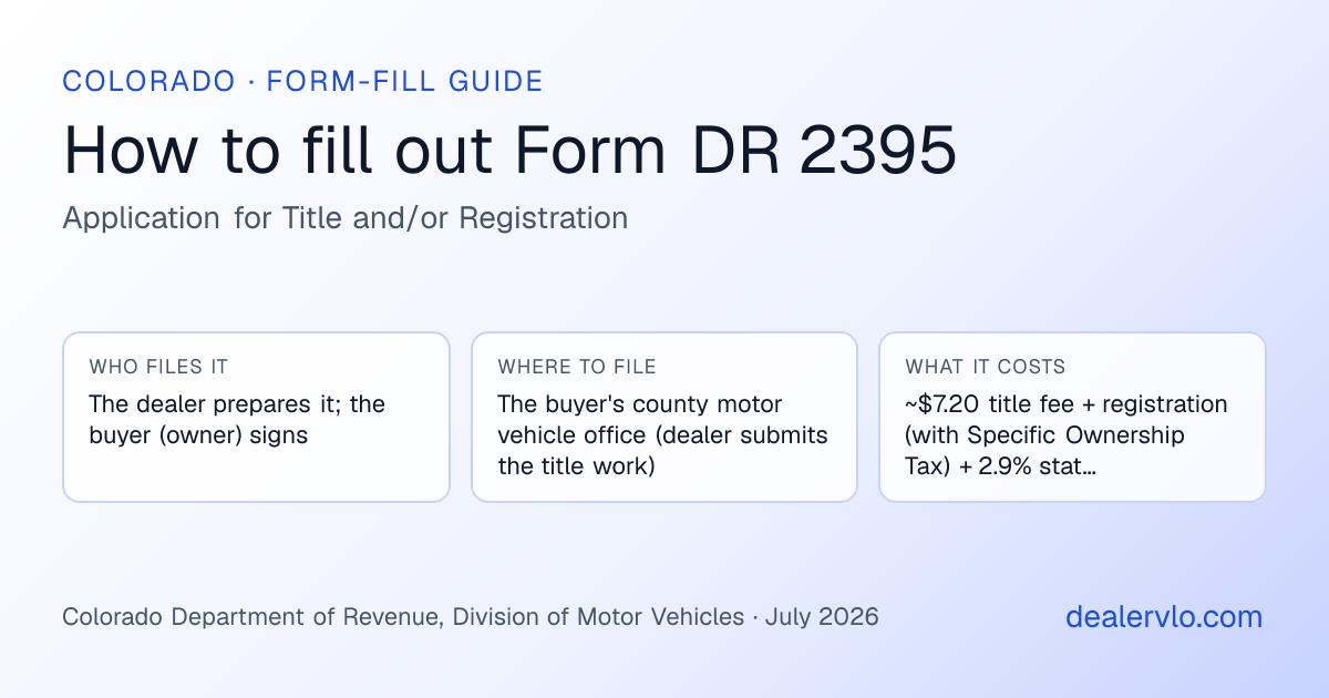 How to fill out the Colorado Form DR 2395 (Application for Title and/or Registration) for used car dealers: who files it, where to file it, and the cost — a field-by-field guide