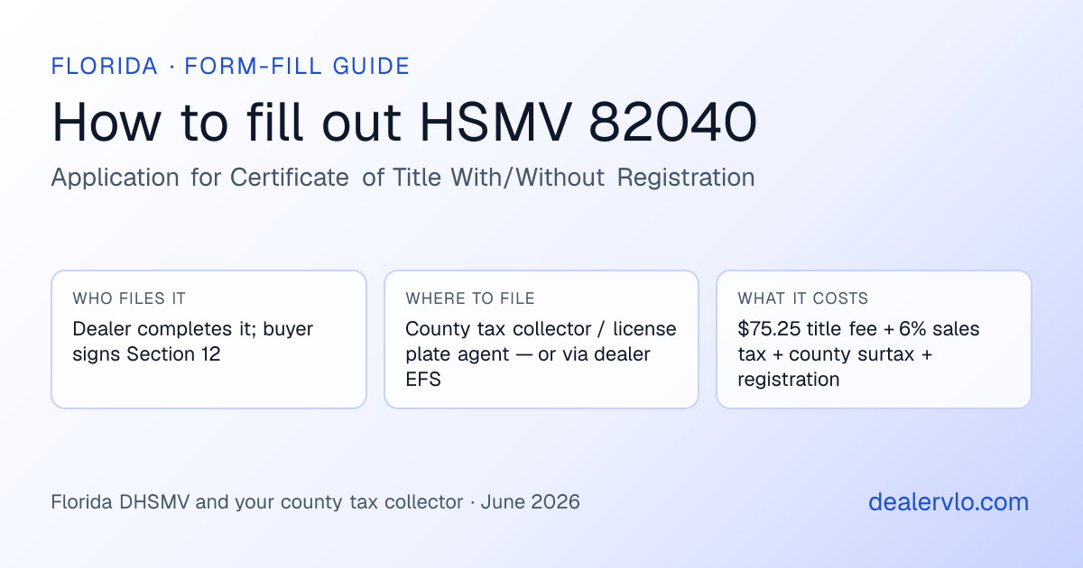 How to fill out the Florida HSMV 82040 (Application for Certificate of Title With/Without Registration) for used car dealers: who files it, where to file it, and the cost — a field-by-field guide