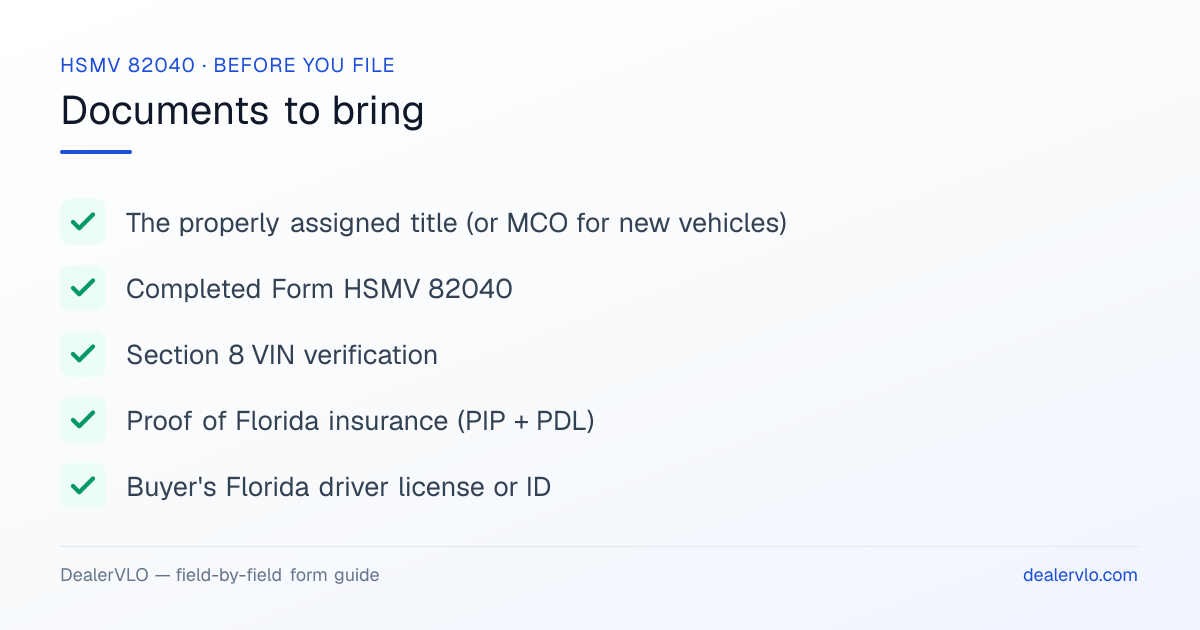 Documents to bring when filing the Florida HSMV 82040: The properly assigned title (or MCO for new vehicles), Completed Form HSMV 82040, Section 8 VIN verification.