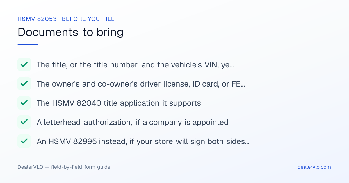 Documents to bring when filing the Florida HSMV 82053: The title, or the title number, and the vehicle's VIN, year, make, and body type, The owner's and co-owner's driver license, ID card, or FEID number, and date of birth, The HSMV 82040 title application it supports.