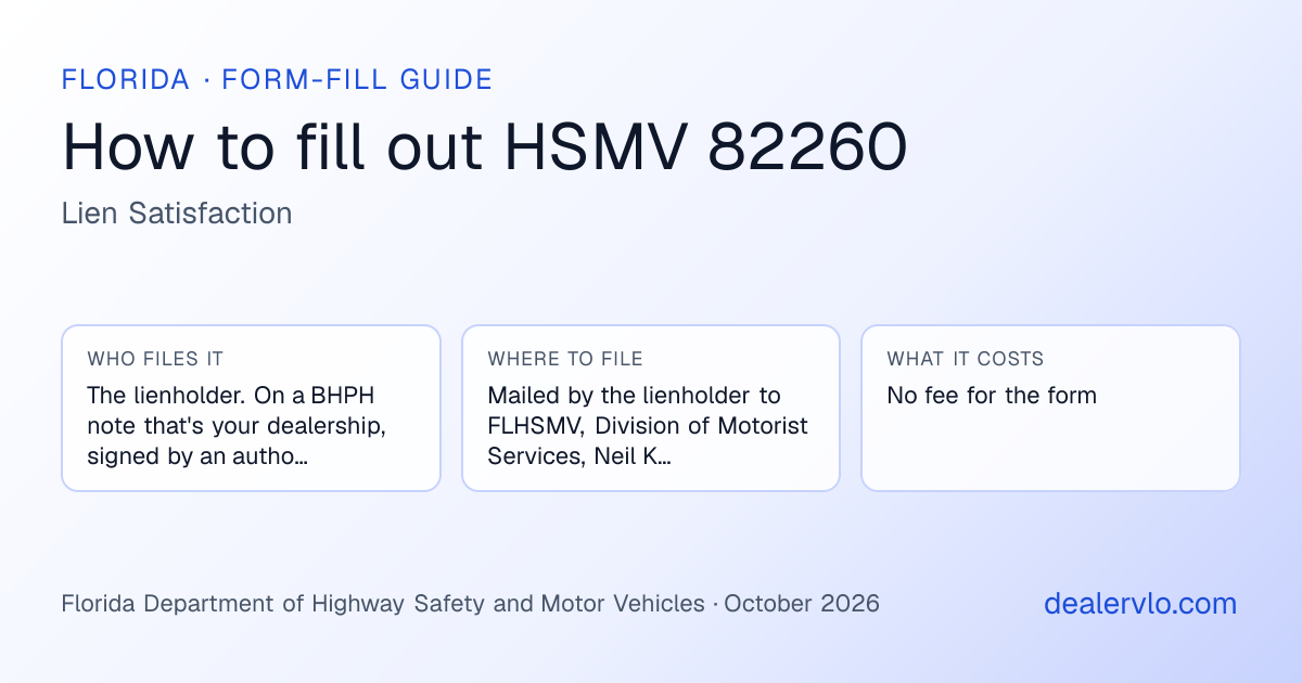 How to fill out the Florida HSMV 82260 (Lien Satisfaction) for used car dealers: who files it, where to file it, and the cost — a field-by-field guide