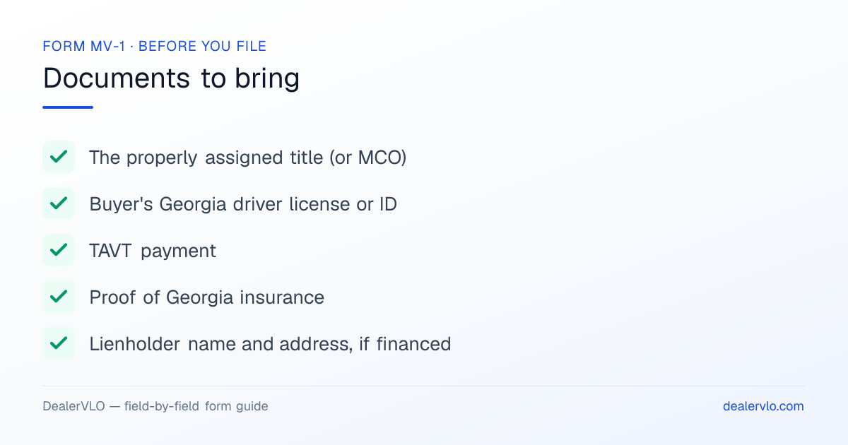 Documents to bring when filing the Georgia Form MV-1: The properly assigned title (or MCO), Buyer's Georgia driver license or ID, TAVT payment.