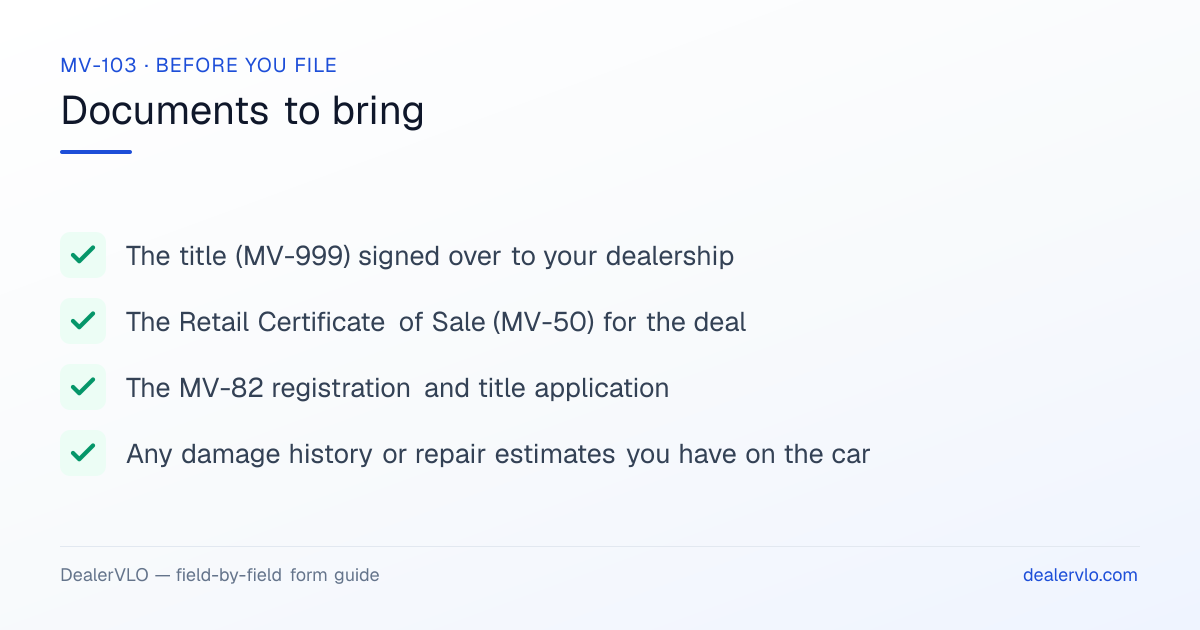 Documents to bring when filing the New York MV-103: The title (MV-999) signed over to your dealership, The Retail Certificate of Sale (MV-50) for the deal, The MV-82 registration and title application.