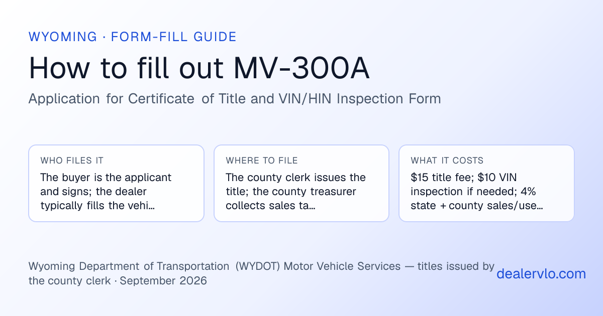 How to fill out the Wyoming MV-300A (Application for Certificate of Title and VIN/HIN Inspection Form) for used car dealers: who files it, where to file it, and the cost — a field-by-field guide