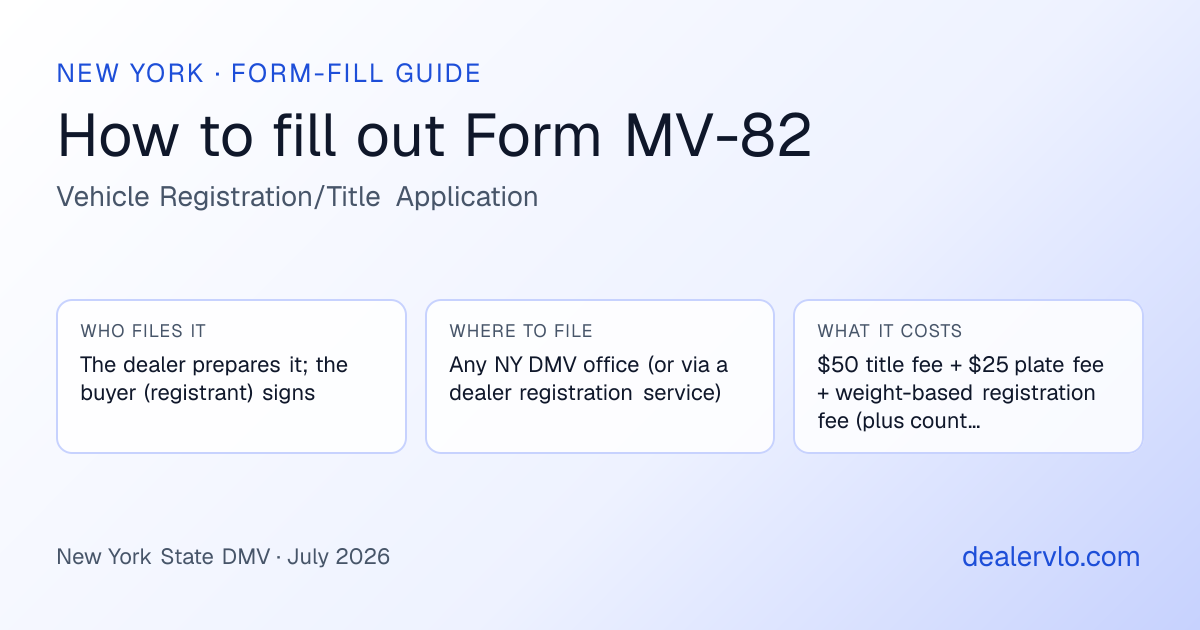 How to fill out the New York Form MV-82 (Vehicle Registration/Title Application) for used car dealers: who files it, where to file it, and the cost — a field-by-field guide