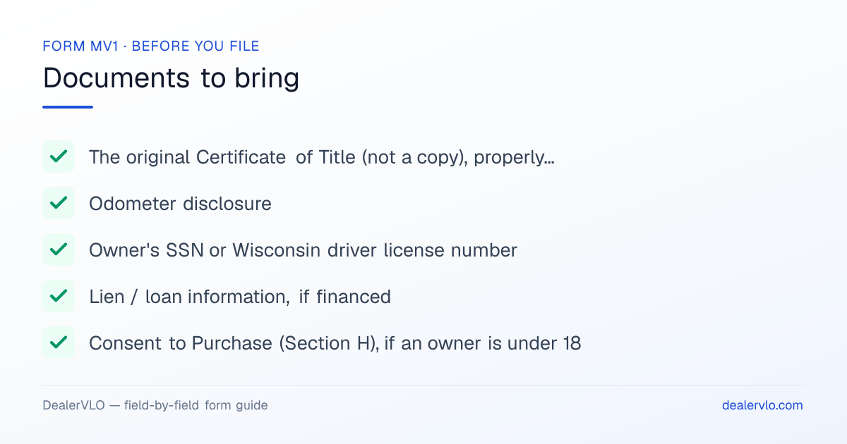 Documents to bring when filing the Wisconsin Form MV1: The original Certificate of Title (not a copy), properly assigned, Odometer disclosure, Owner's SSN or Wisconsin driver license number.