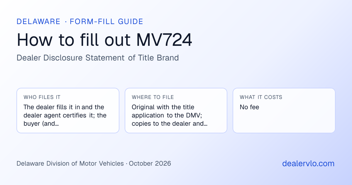 How to fill out the Delaware MV724 (Dealer Disclosure Statement of Title Brand) for used car dealers: who files it, where to file it, and the cost — a field-by-field guide