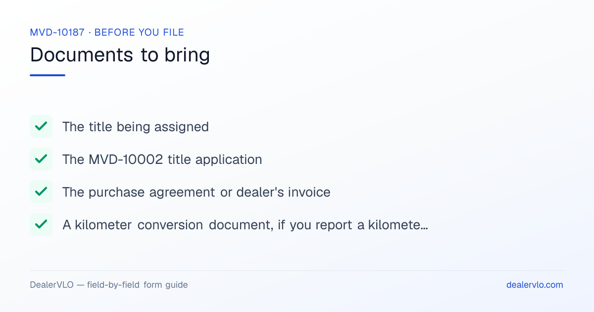 Documents to bring when filing the New Mexico MVD-10187: The title being assigned, The MVD-10002 title application, The purchase agreement or dealer's invoice.