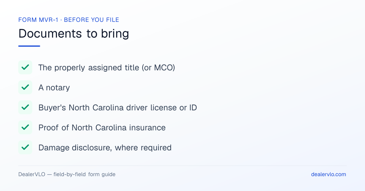Documents to bring when filing the North Carolina Form MVR-1: The properly assigned title (or MCO), A notary, Buyer's North Carolina driver license or ID.