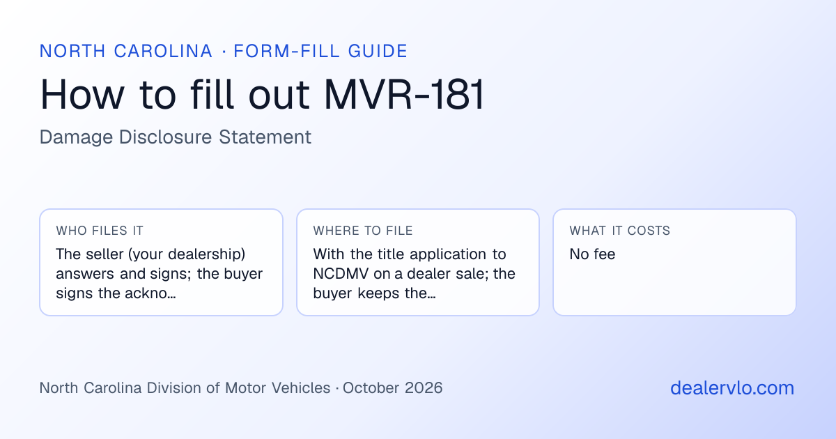 How to fill out the North Carolina MVR-181 (Damage Disclosure Statement) for used car dealers: who files it, where to file it, and the cost — a field-by-field guide