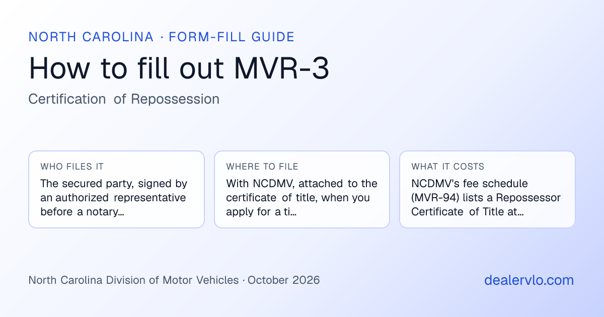 How to fill out the North Carolina MVR-3 (Certification of Repossession) for used car dealers: who files it, where to file it, and the cost — a field-by-field guide