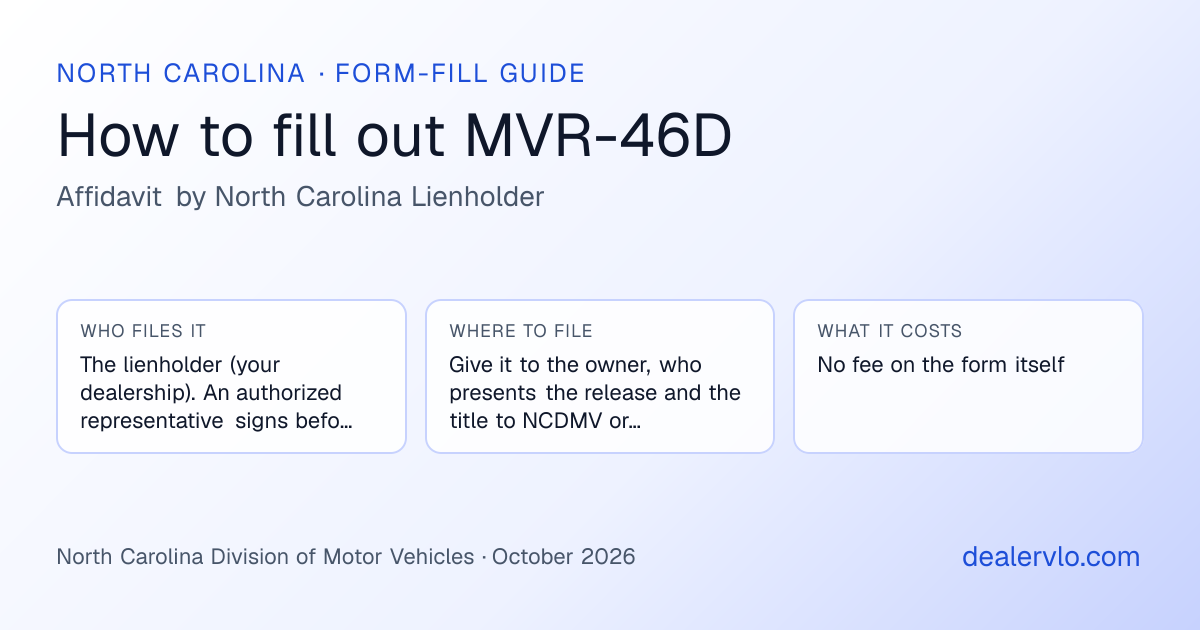 How to fill out the North Carolina MVR-46D (Affidavit by North Carolina Lienholder) for used car dealers: who files it, where to file it, and the cost — a field-by-field guide