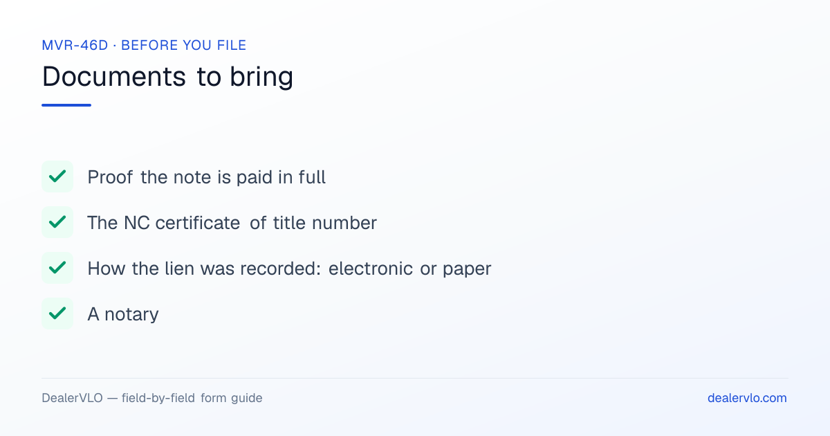 Documents to bring when filing the North Carolina MVR-46D: Proof the note is paid in full, The NC certificate of title number, How the lien was recorded: electronic or paper.
