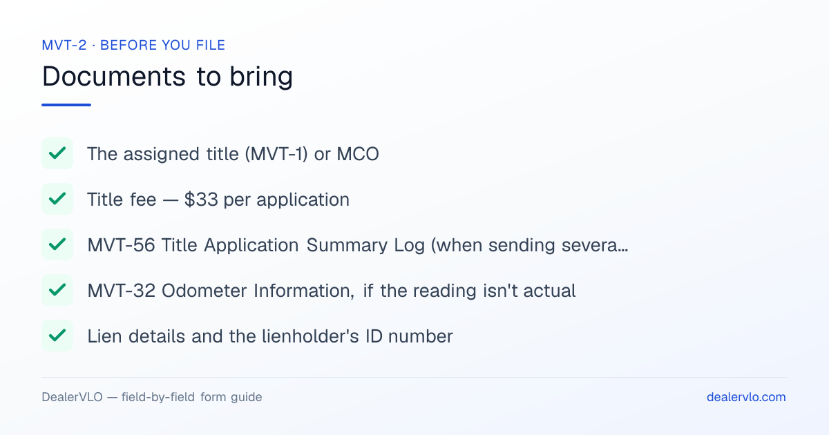 Documents to bring when filing the Maine MVT-2: The assigned title (MVT-1) or MCO, Title fee — $33 per application, MVT-56 Title Application Summary Log (when sending several).