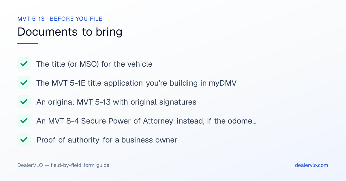 Documents to bring when filing the Alabama MVT 5-13: The title (or MSO) for the vehicle, The MVT 5-1E title application you're building in myDMV, An original MVT 5-13 with original signatures.