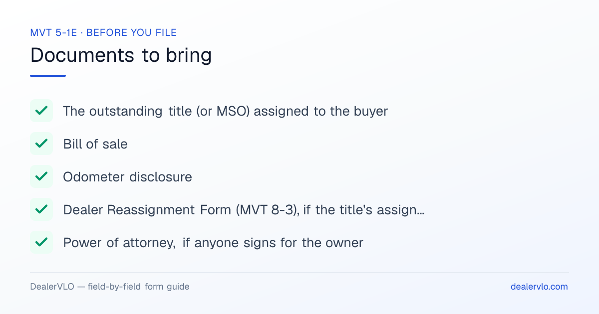 Documents to bring when filing the Alabama MVT 5-1E: The outstanding title (or MSO) assigned to the buyer, Bill of sale, Odometer disclosure.