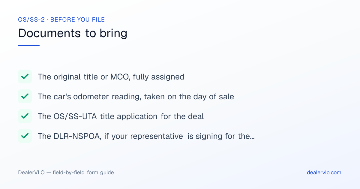 Documents to bring when filing the New Jersey OS/SS-2: The original title or MCO, fully assigned, The car's odometer reading, taken on the day of sale, The OS/SS-UTA title application for the deal.